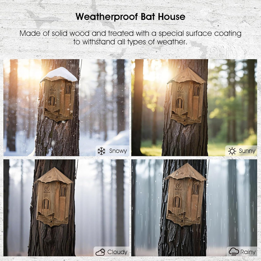 Wooden Bat House – Large 3-Chamber Outdoor Bat Box, Durable & Easy to Hang, Designed to Attract Bats, Brown (Bat House I)