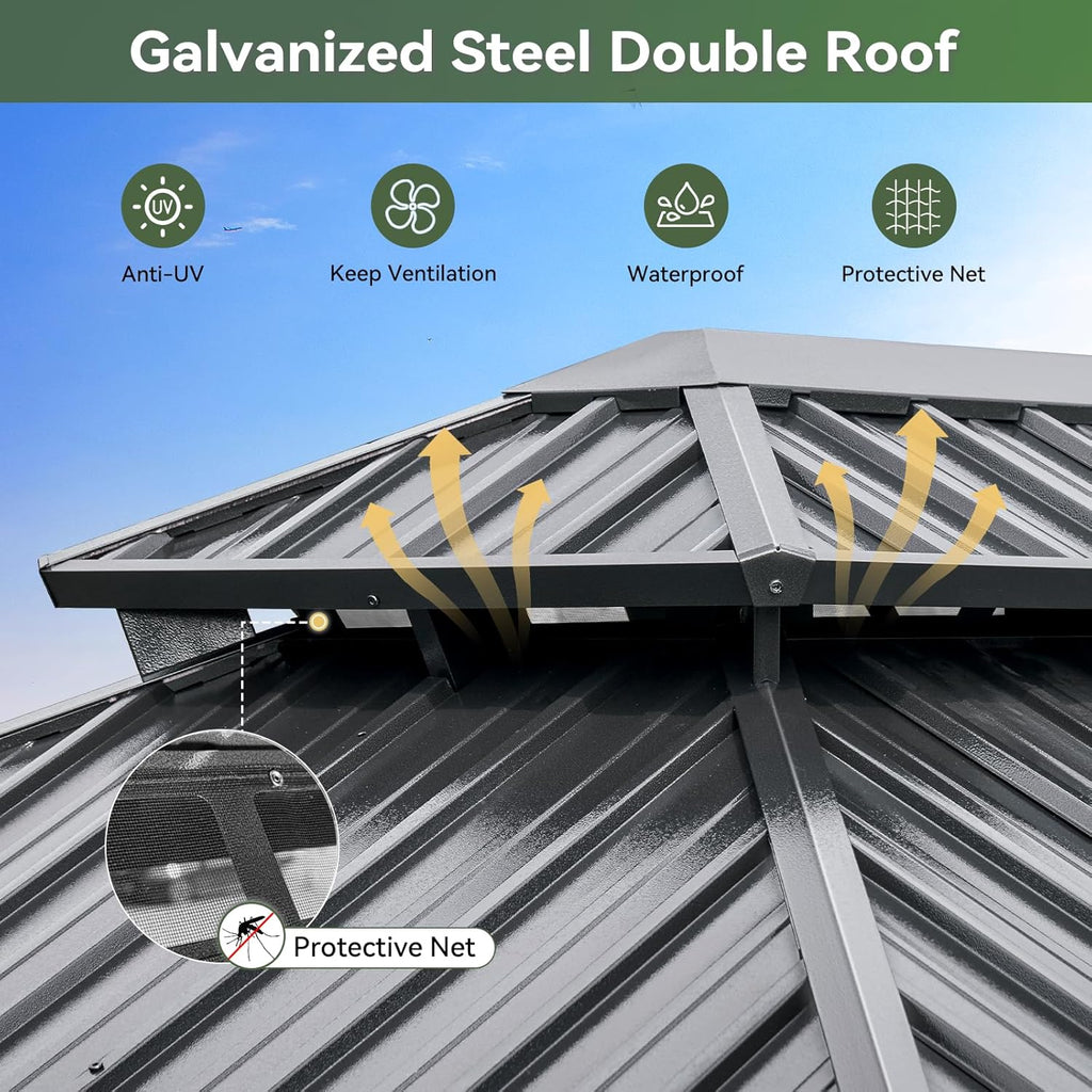 Hardtop Gazebo 10x12, Aluminum Frame Canopy with Double Galvanized Steel Roof, Outdoor Gazebo with Breathable Netting and Privacy Curtain for Backyard