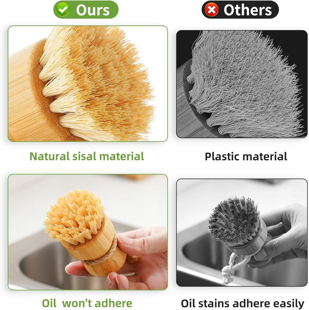 Bamboo Dish Scrub Brush – Natural Wooden Kitchen Cleaning Brush with Sisal Bristles for Dishes, Pots, Pans & Vegetables