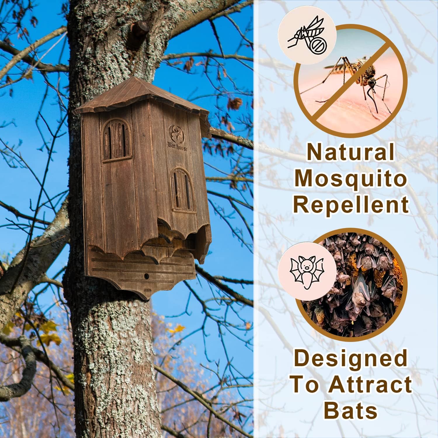 Wooden Bat House – Large 3-Chamber Outdoor Bat Box, Durable & Easy to Hang, Designed to Attract Bats, Brown (Bat House I)