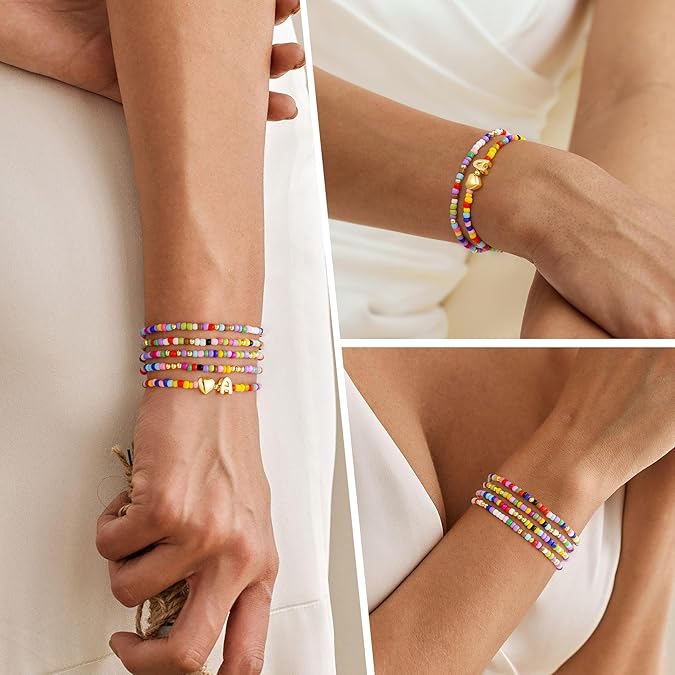 Colorful Initial Bracelet Set 5 Pieces A-Z Beaded Stackable Stretch Bracelets for Girls Women Jewelry Gift