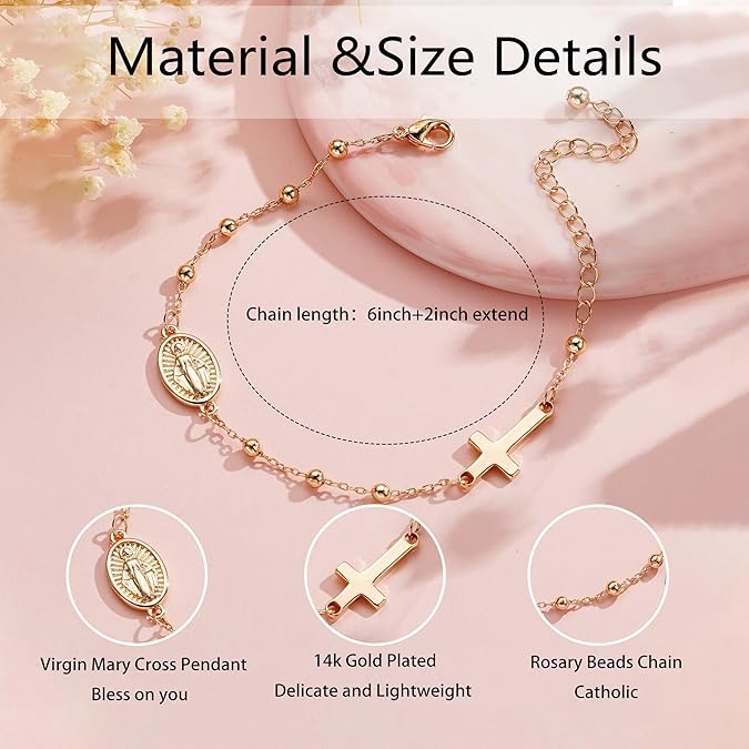 Catholic Rosary Bracelet for Girls Teens Virgin Mary Medal Cross Charm Link Chain Adjustable Bracelet