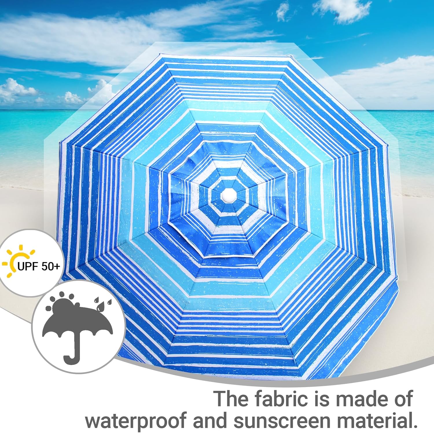 6.5ft Beach Umbrella - Heavy Duty Wind Resistant UV 50+ Portable Sun Shade with Sand Anchor & Carry Bag, Outdoor Folding Umbrella for Beach, Pool, Patio, Garden (Blue Stripe)