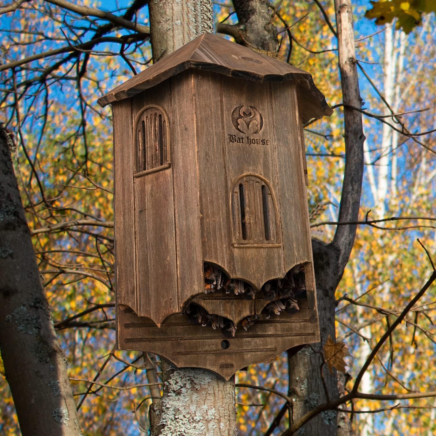 Wooden Bat House – Large 3-Chamber Outdoor Bat Box, Durable & Easy to Hang, Designed to Attract Bats, Brown (Bat House I)