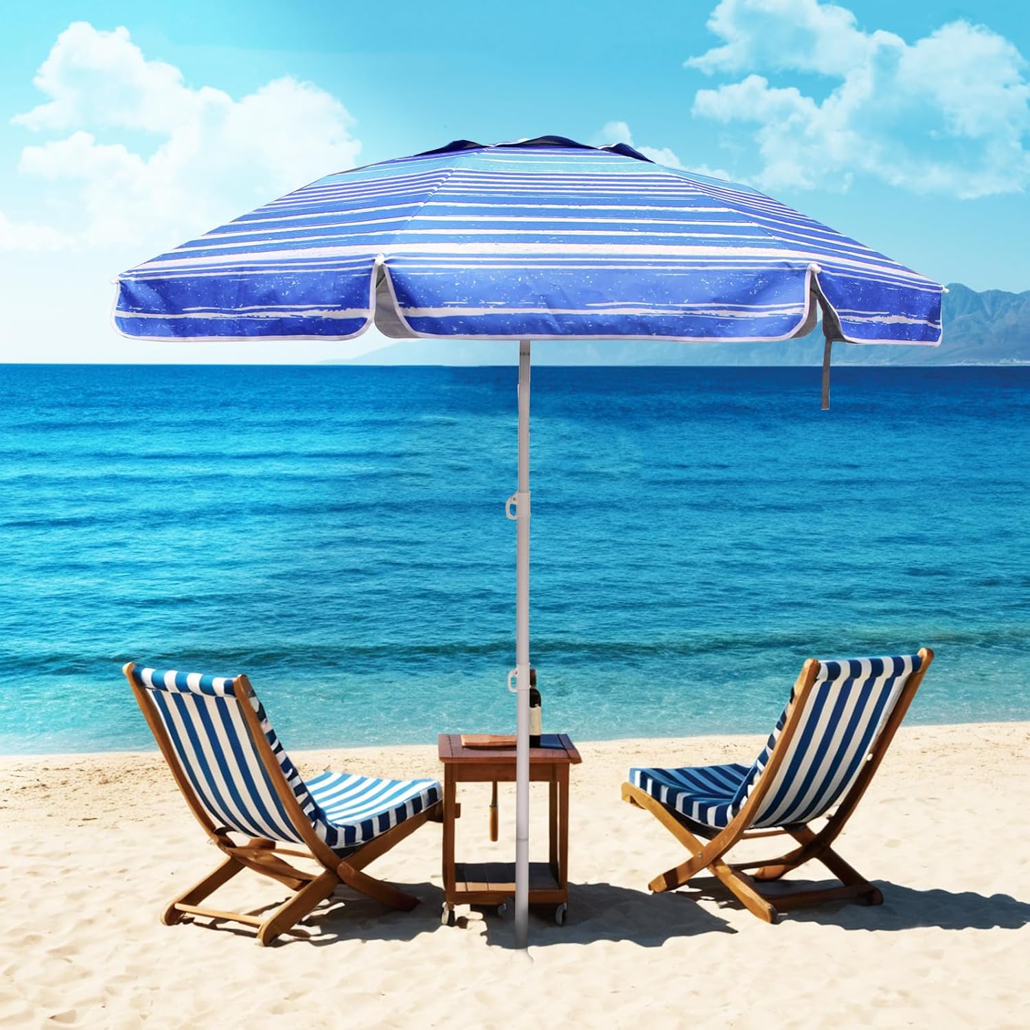 6.5ft Beach Umbrella - Heavy Duty Wind Resistant UV 50+ Portable Sun Shade with Sand Anchor & Carry Bag, Outdoor Folding Umbrella for Beach, Pool, Patio, Garden (Blue Stripe)