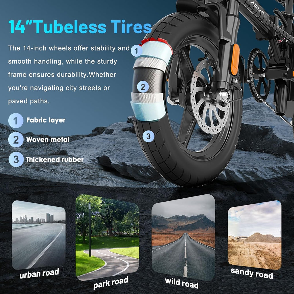 14" Folding Electric Bike for Adults – 750W Peak Motor, 35-Mile PAS Range, Foldable Commuter E-Bike with 48V Removable Battery