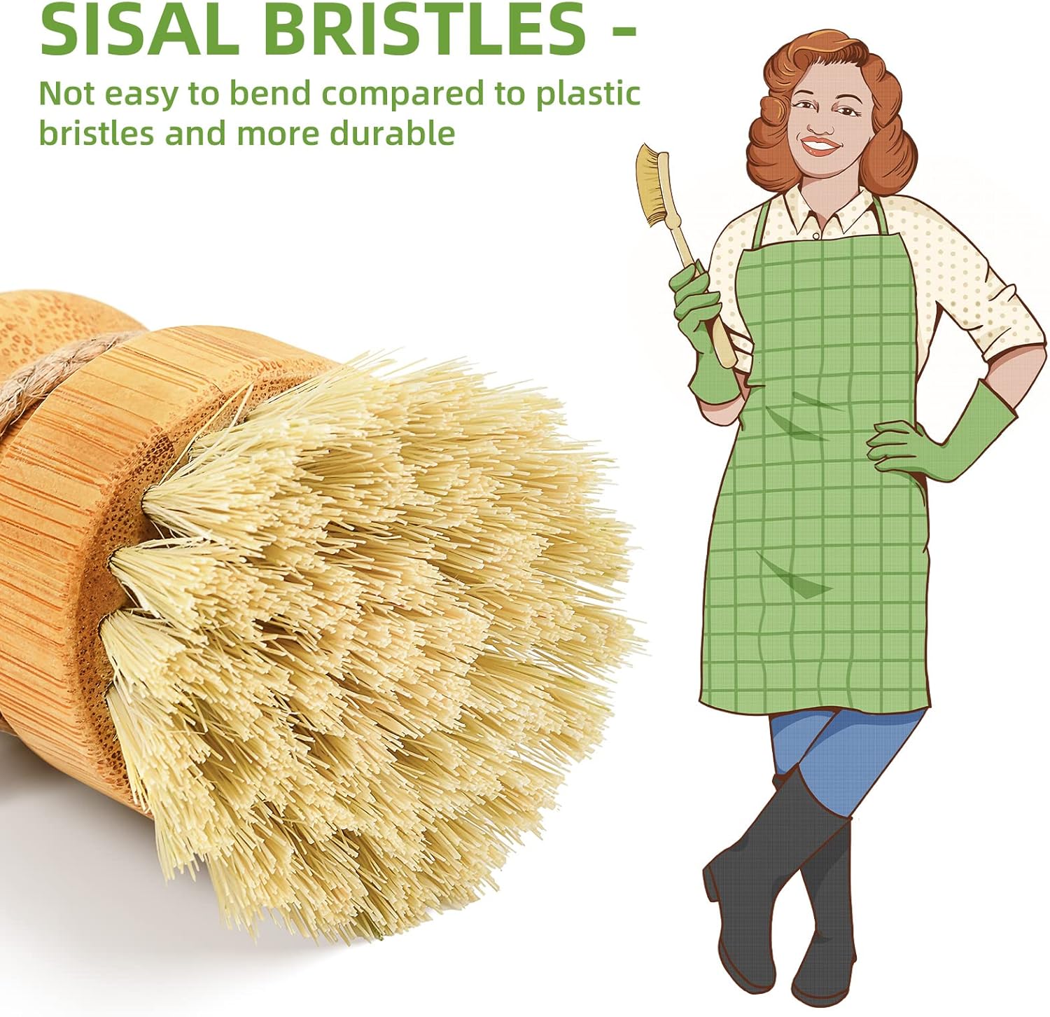 Bamboo Dish Scrub Brush – Natural Wooden Kitchen Cleaning Brush with Sisal Bristles for Dishes, Pots, Pans & Vegetables