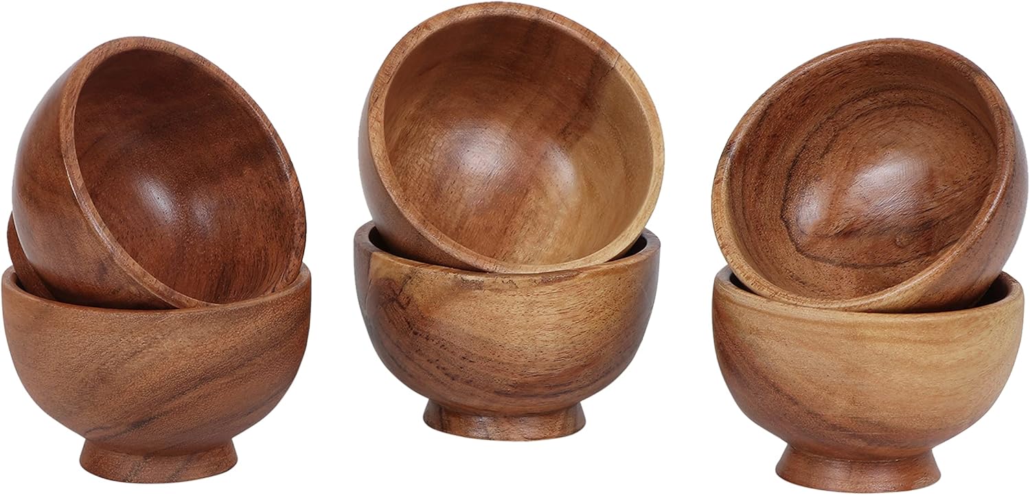 Set of 6 Acacia Wood Small Bowls – 4 fl oz Hand-Carved Dipping Bowls for Sauce, Salsa, Spices & Prep, 3.2 x 2 Inches