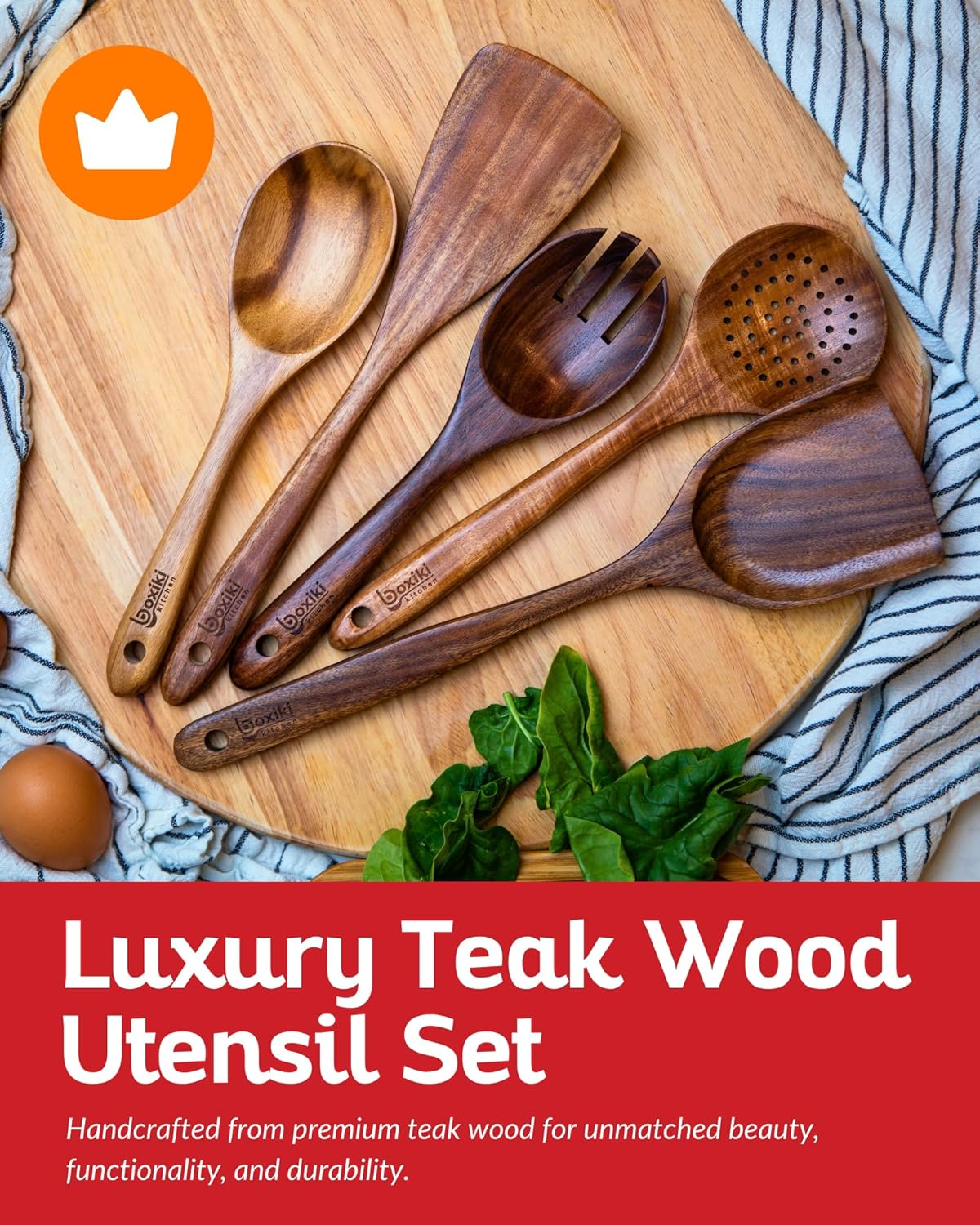 Luxury Teak Wood 6-Piece Utensil Set – Spoons, Server, Scraper & Spatula for Cooking