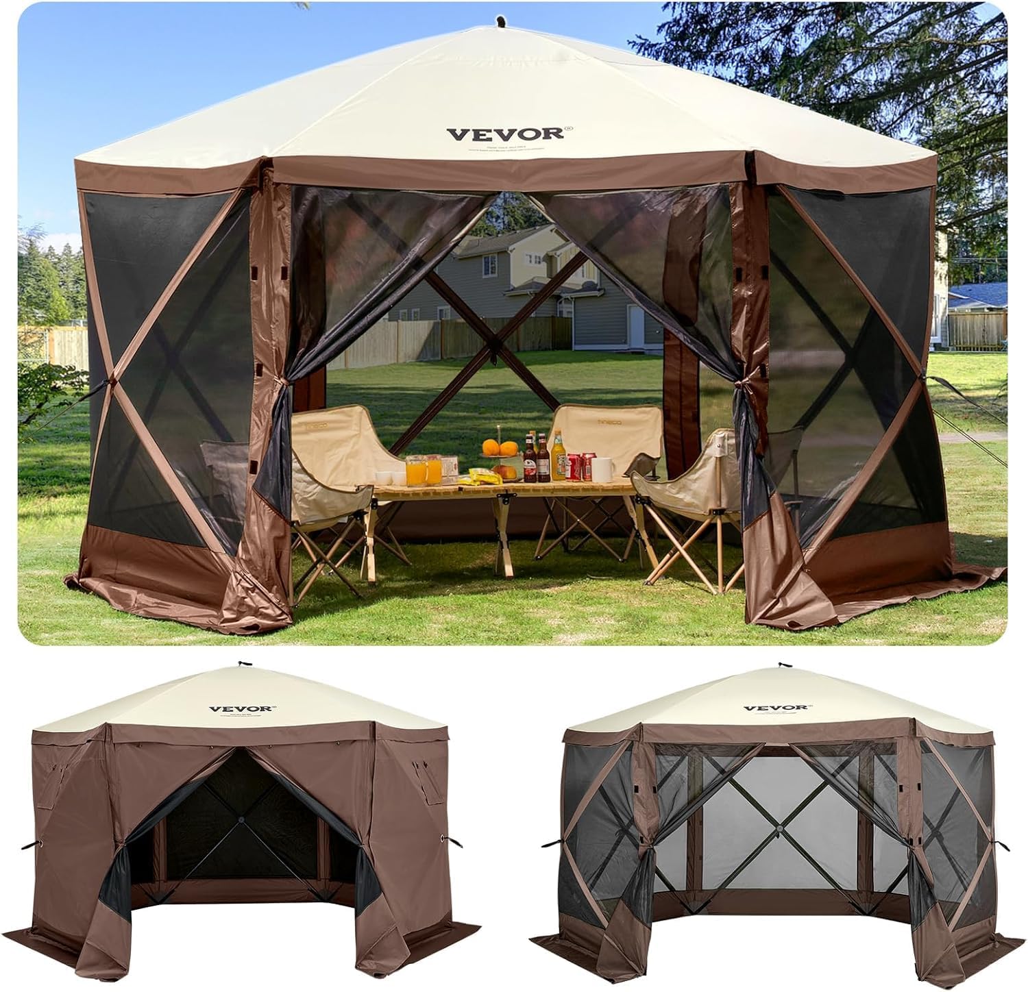 12 * 12ft 6 Sided Pop-up Canopy Shelter Tent with Mesh Windows, Portable Carry Bag, Stakes, Large Shade Tents for Outdoor Camping, Lawn and Backyard, Brown/Beige