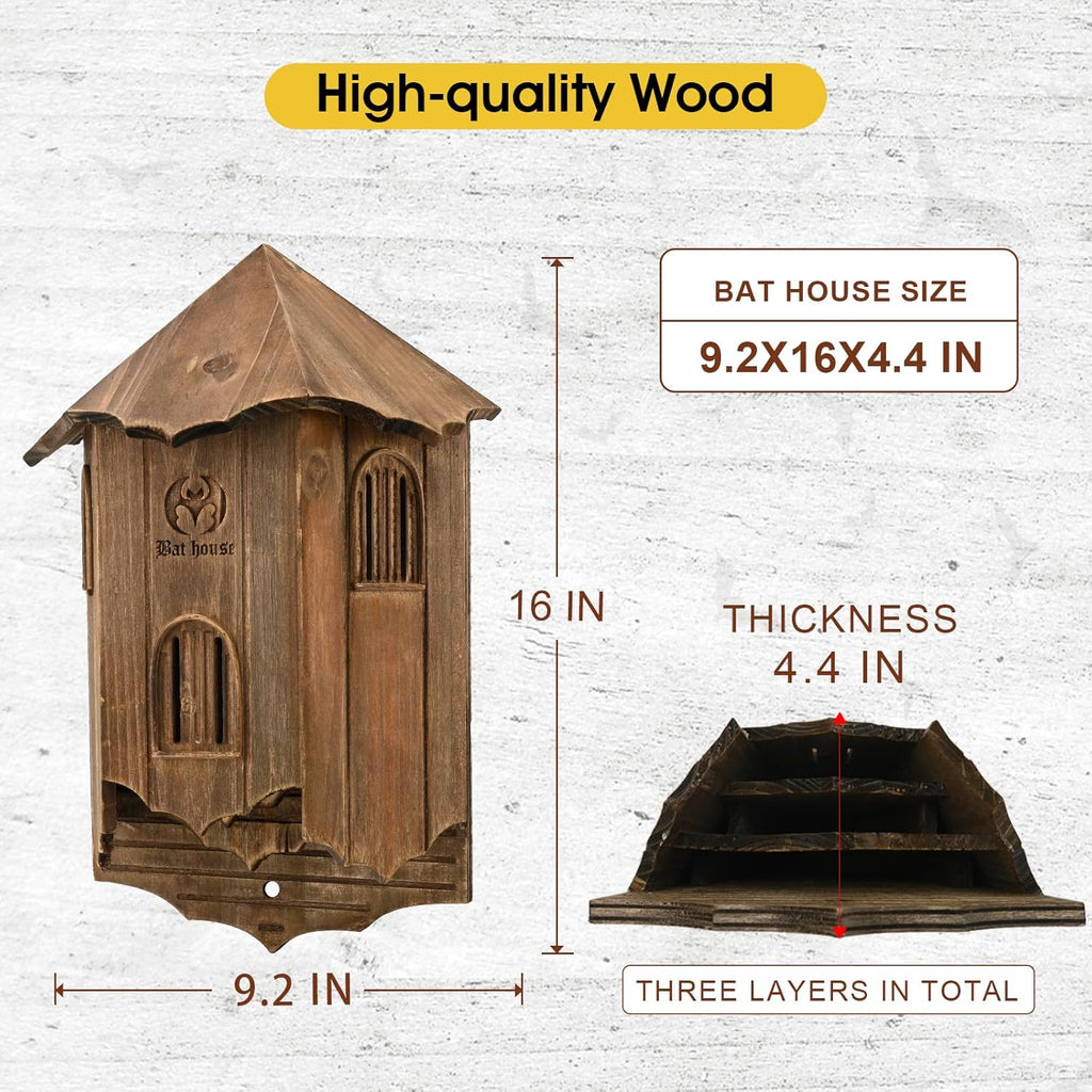 Wooden Bat House – Large 3-Chamber Outdoor Bat Box, Durable & Easy to Hang, Designed to Attract Bats, Brown (Bat House I)