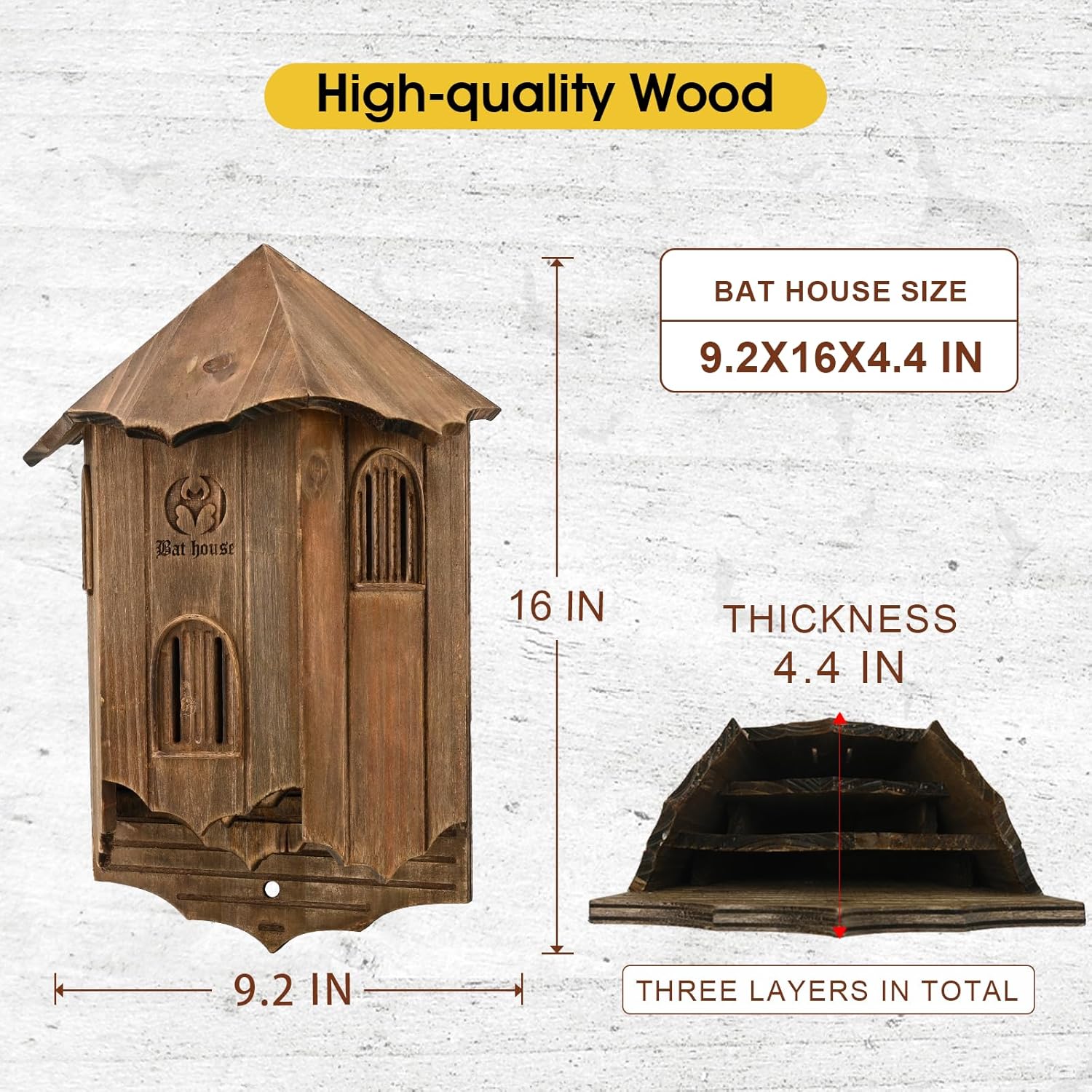 Wooden Bat House – Large 3-Chamber Outdoor Bat Box, Durable & Easy to Hang, Designed to Attract Bats, Brown (Bat House I)