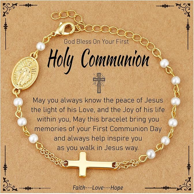 Catholic Rosary Bracelet for Women and Girls Simulated Pearl Beads Virgin Mary Medal Cross Charm Adjustable Chain
