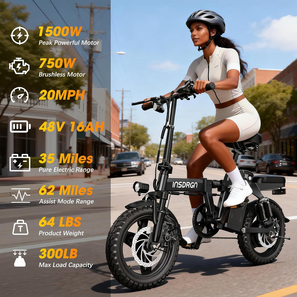 14" Folding Electric Bike for Adults – 1500W Motor, 20MPH, 48V 16Ah Removable Battery, 35–62 Miles Range, UL 2849 E-Bike