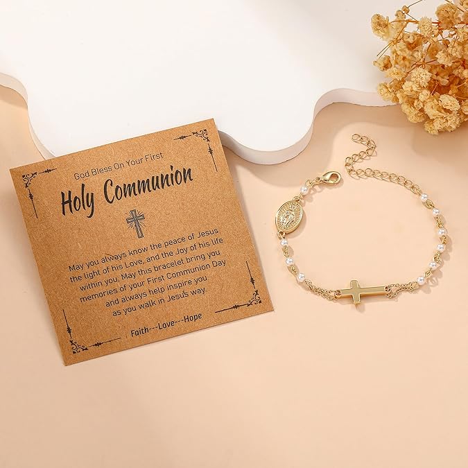 Catholic Rosary Bracelet for Women and Girls Simulated Pearl Beads Virgin Mary Medal Cross Charm Adjustable Chain