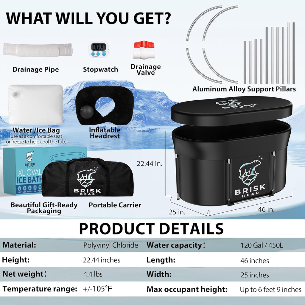 Brisk Bear XL Oval Ice Bath Tub – Extra-Large Cold Plunge for Athletes, Includes Cover, Digital Timer, Recovery & Muscle Soothing, Black