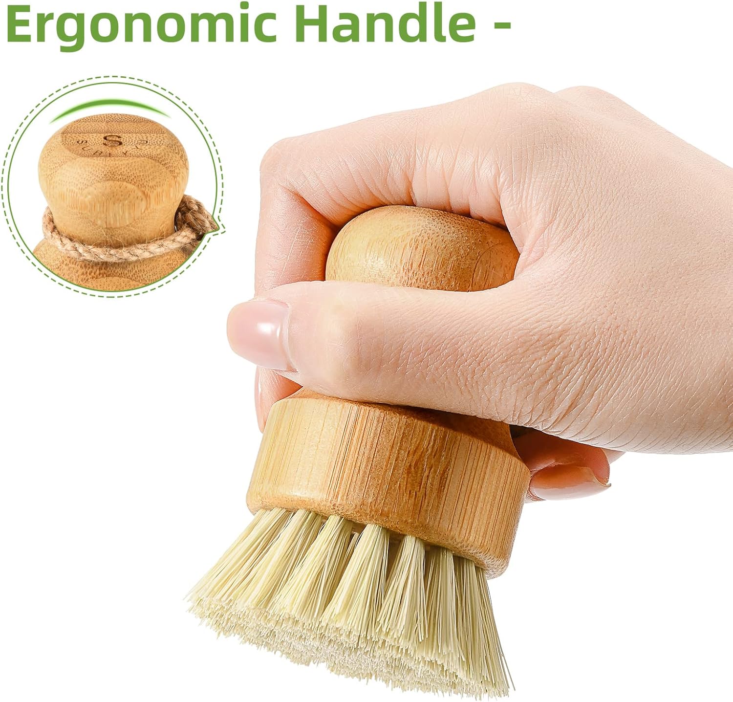 Bamboo Dish Scrub Brush – Natural Wooden Kitchen Cleaning Brush with Sisal Bristles for Dishes, Pots, Pans & Vegetables