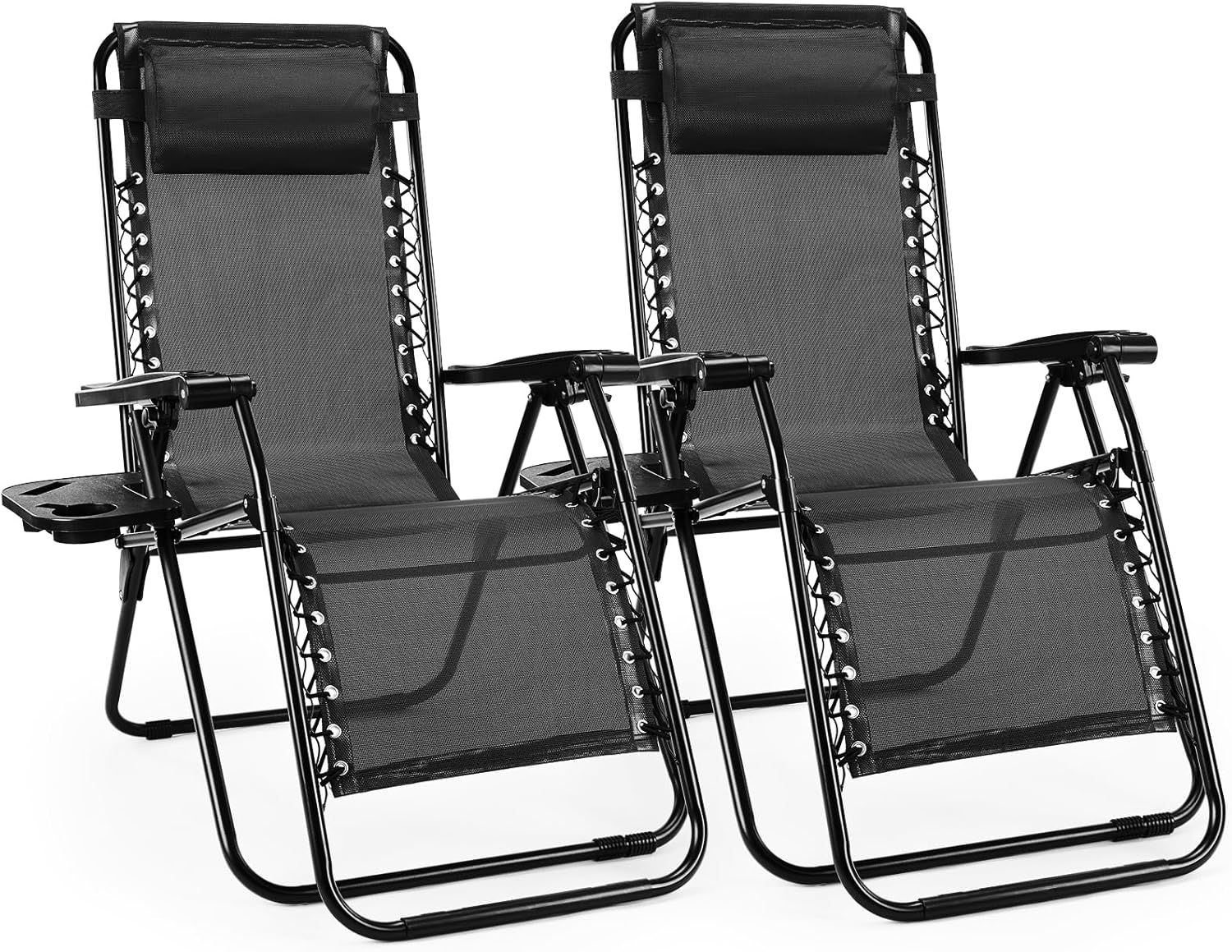 Sweetcrispy Set of 2 Zero Gravity Chairs – Portable Folding Recliners with Cup Holders & Adjustable Pillow, Outdoor Lounge for Pool, Garden, Lawn, Black