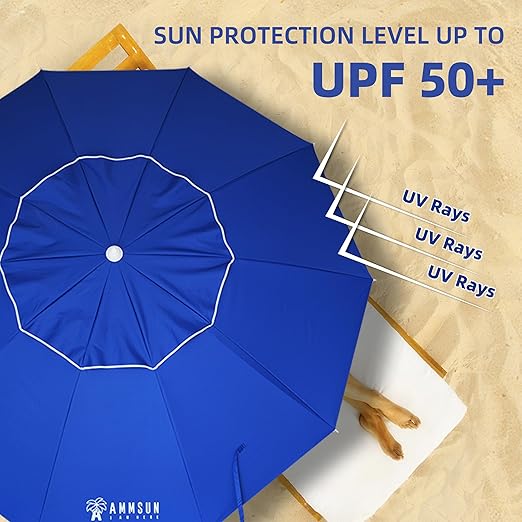 AMMSUN 8 Feet Large Beach Umbrella with Sand Anchor Heavy Duty High Wind Portable Outdoor Umbrellas UV 50+ Protection Air Vent Tilt Patio Garden Pool