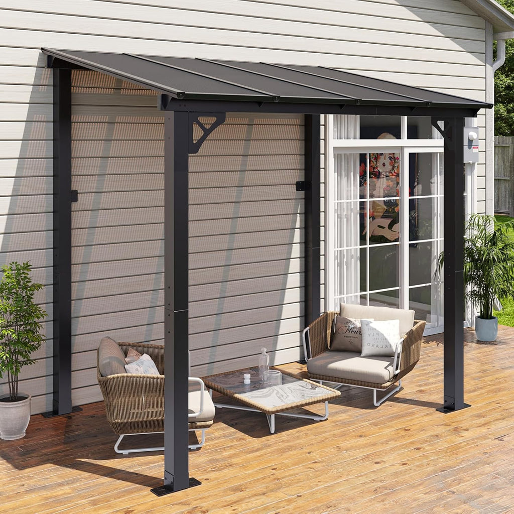 8’x 5’ Premium Gazebo with Aluminum Top Frame & Polycarbonate Panel, Wall Mounted Gazebos Pergola, Outdoor Patio Lean to Gazebo, Awnings with Sloped Roof, for Backyard, Porch, Deck