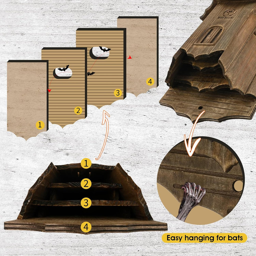 Wooden Bat House – Large 3-Chamber Outdoor Bat Box, Durable & Easy to Hang, Designed to Attract Bats, Brown (Bat House I)