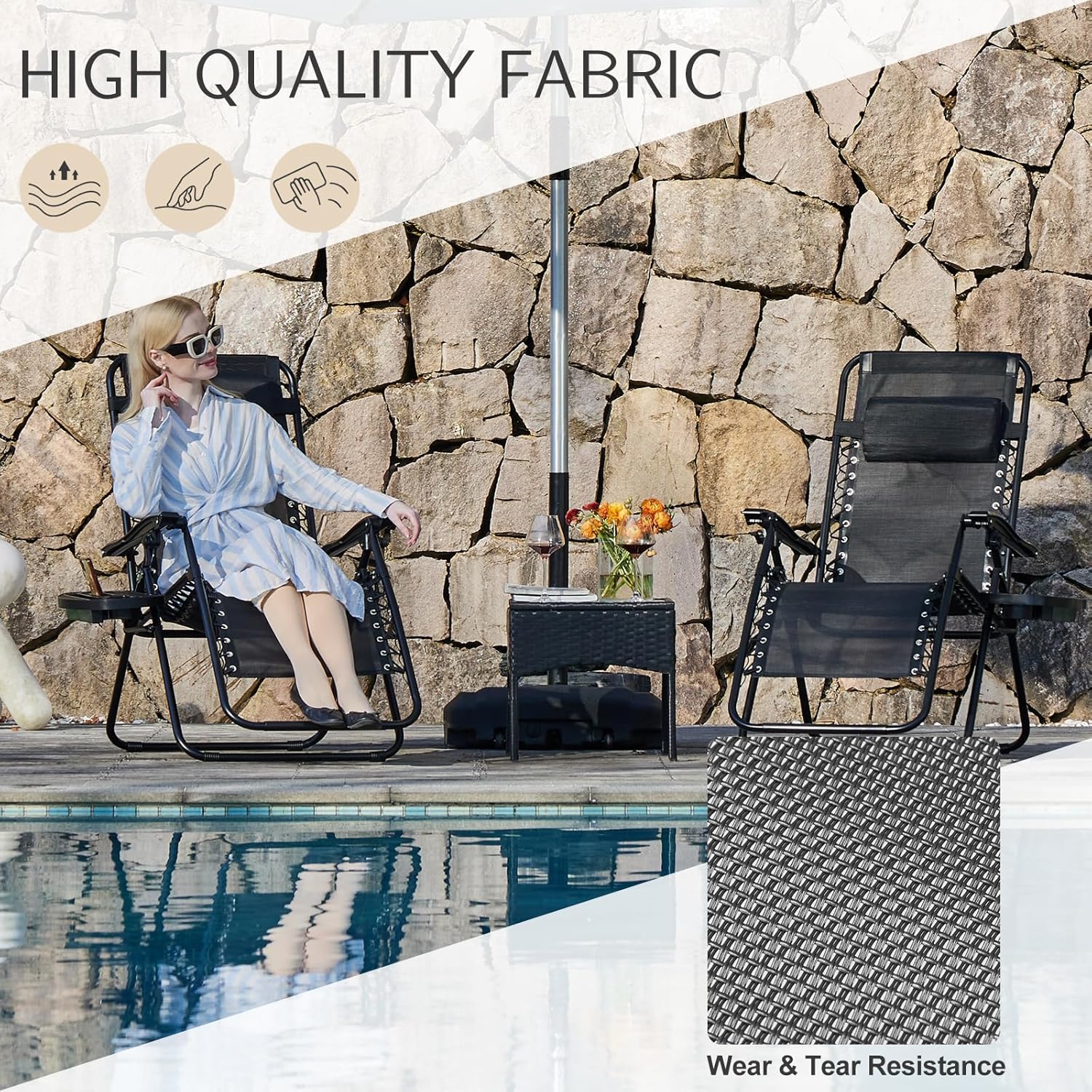 Sweetcrispy Set of 2 Zero Gravity Chairs – Portable Folding Recliners with Cup Holders & Adjustable Pillow, Outdoor Lounge for Pool, Garden, Lawn, Black