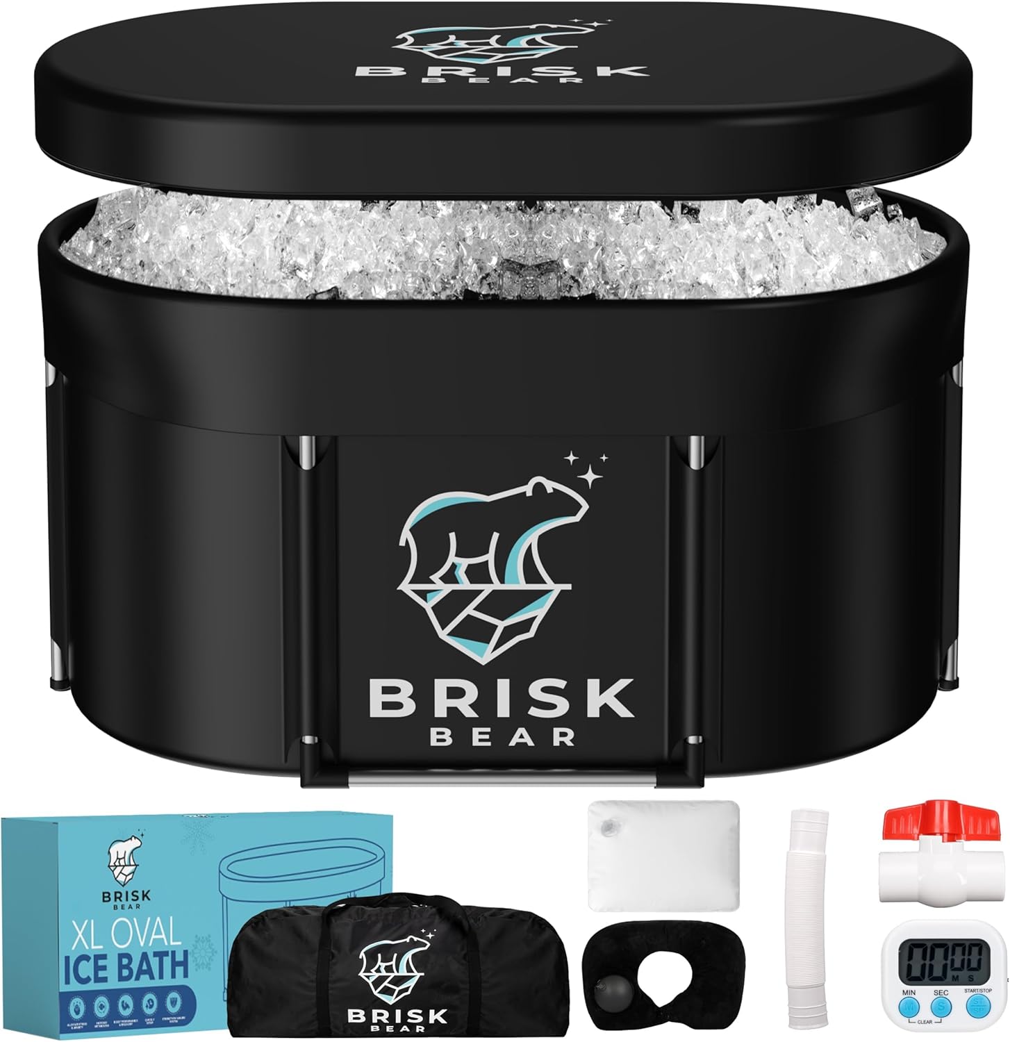 Brisk Bear XL Oval Ice Bath Tub – Extra-Large Cold Plunge for Athletes, Includes Cover, Digital Timer, Recovery & Muscle Soothing, Black