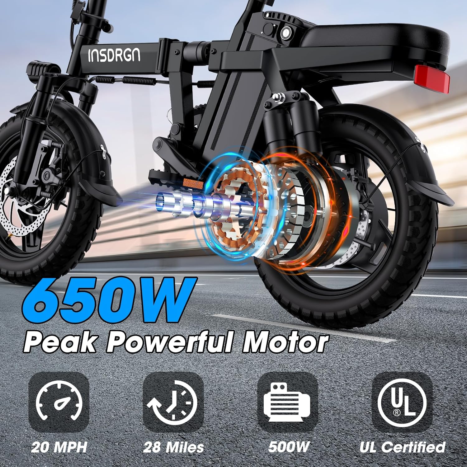 14" Folding Electric Bike for Adults & Teens – 650W Peak Motor, 20MPH, 28-Mile Range, 9-Point Suspension, Dual Disc Brakes, UL 2849