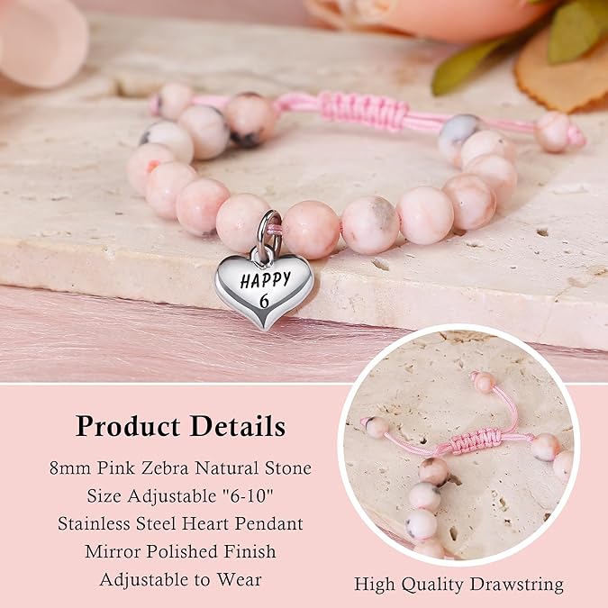 Birthday Bracelet for Girls – Pink Natural Stone Beaded Bracelet with Heart Charm, Adjustable Gift for Daughter