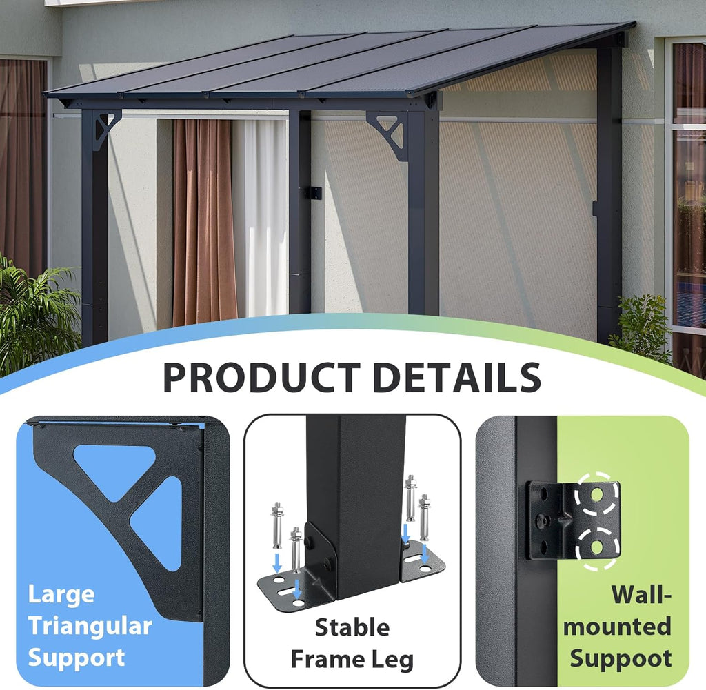 8’x 5’ Premium Gazebo with Aluminum Top Frame & Polycarbonate Panel, Wall Mounted Gazebos Pergola, Outdoor Patio Lean to Gazebo, Awnings with Sloped Roof, for Backyard, Porch, Deck