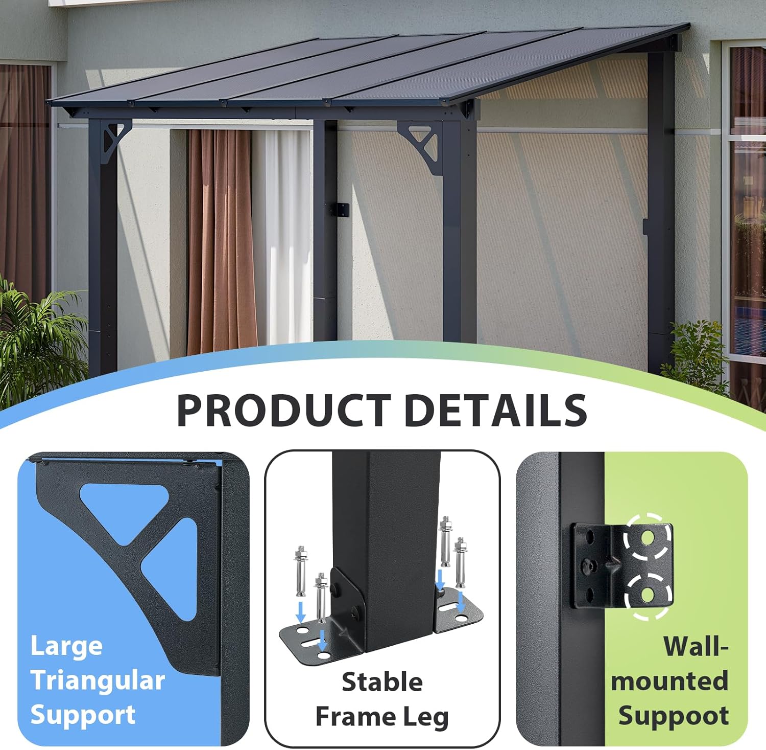 8’x 5’ Premium Gazebo with Aluminum Top Frame & Polycarbonate Panel, Wall Mounted Gazebos Pergola, Outdoor Patio Lean to Gazebo, Awnings with Sloped Roof, for Backyard, Porch, Deck