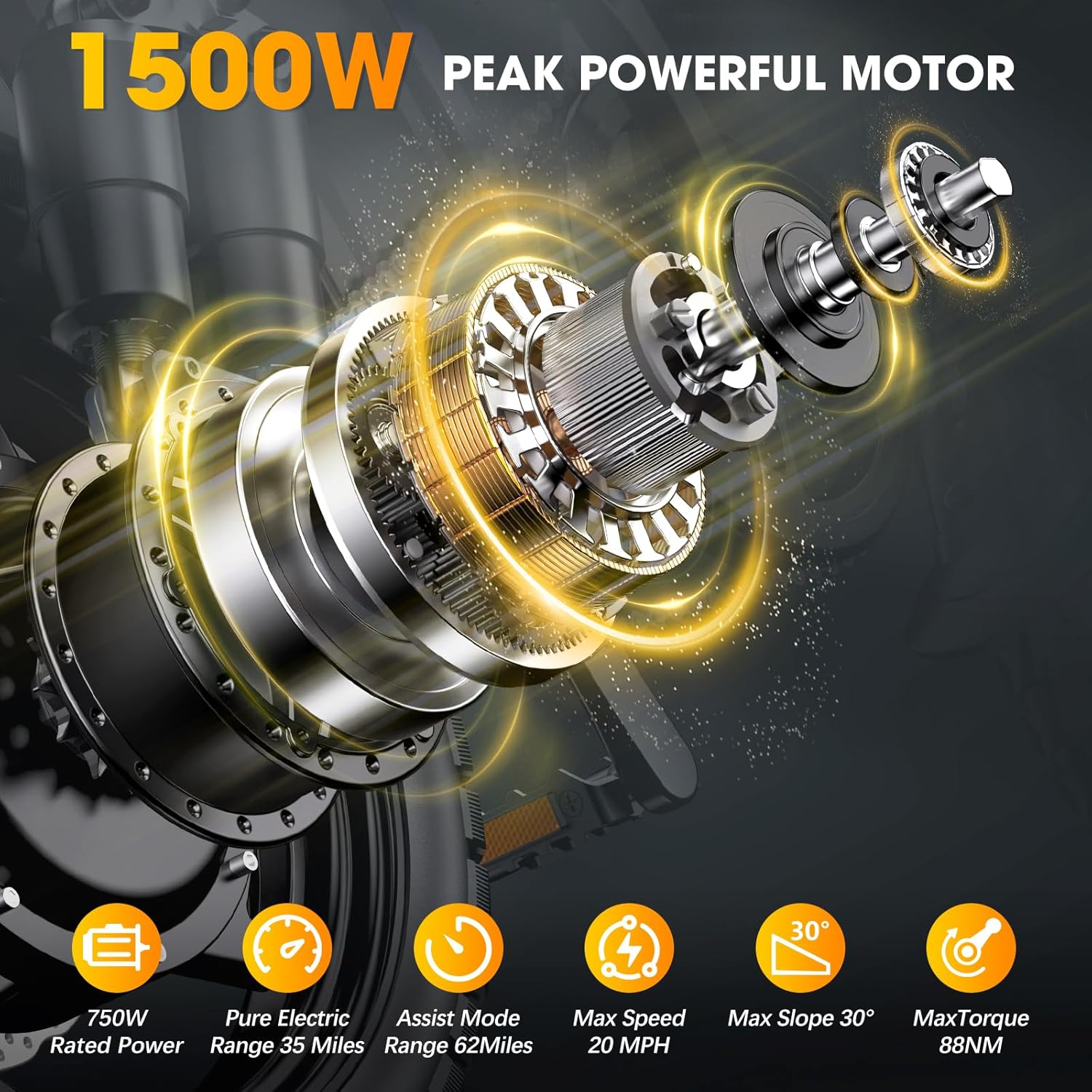 14" Folding Electric Bike for Adults – 1500W Motor, 20MPH, 48V 16Ah Removable Battery, 35–62 Miles Range, UL 2849 E-Bike