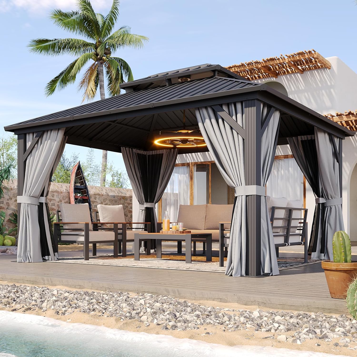 Hardtop Gazebo 10x12, Aluminum Frame Canopy with Double Galvanized Steel Roof, Outdoor Gazebo with Breathable Netting and Privacy Curtain for Backyard