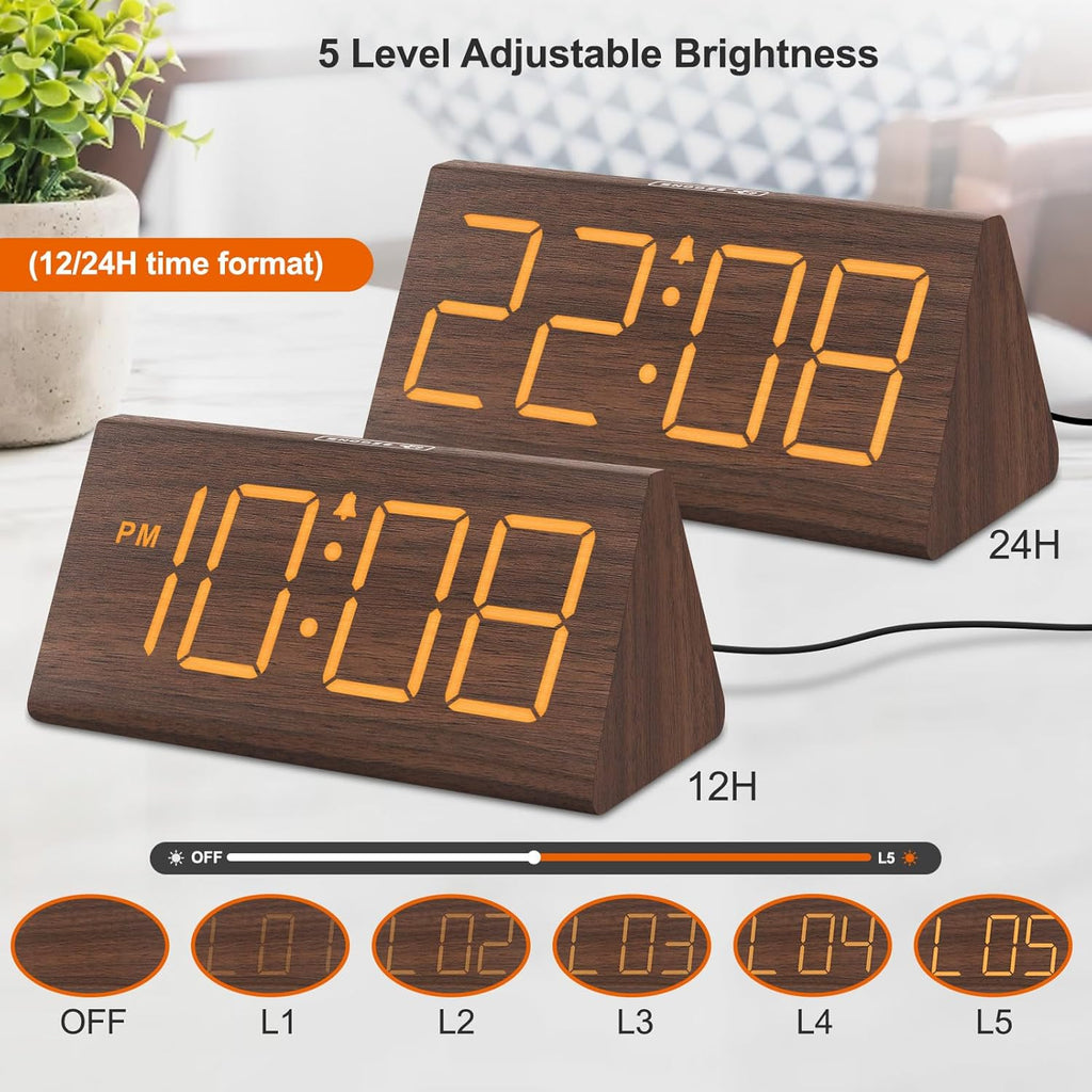 Wooden Digital Alarm Clock for Bedroom – LED Desk Clock with Large Display, USB Port, Adjustable Volume, Dimmer & Snooze, Adapter Powered