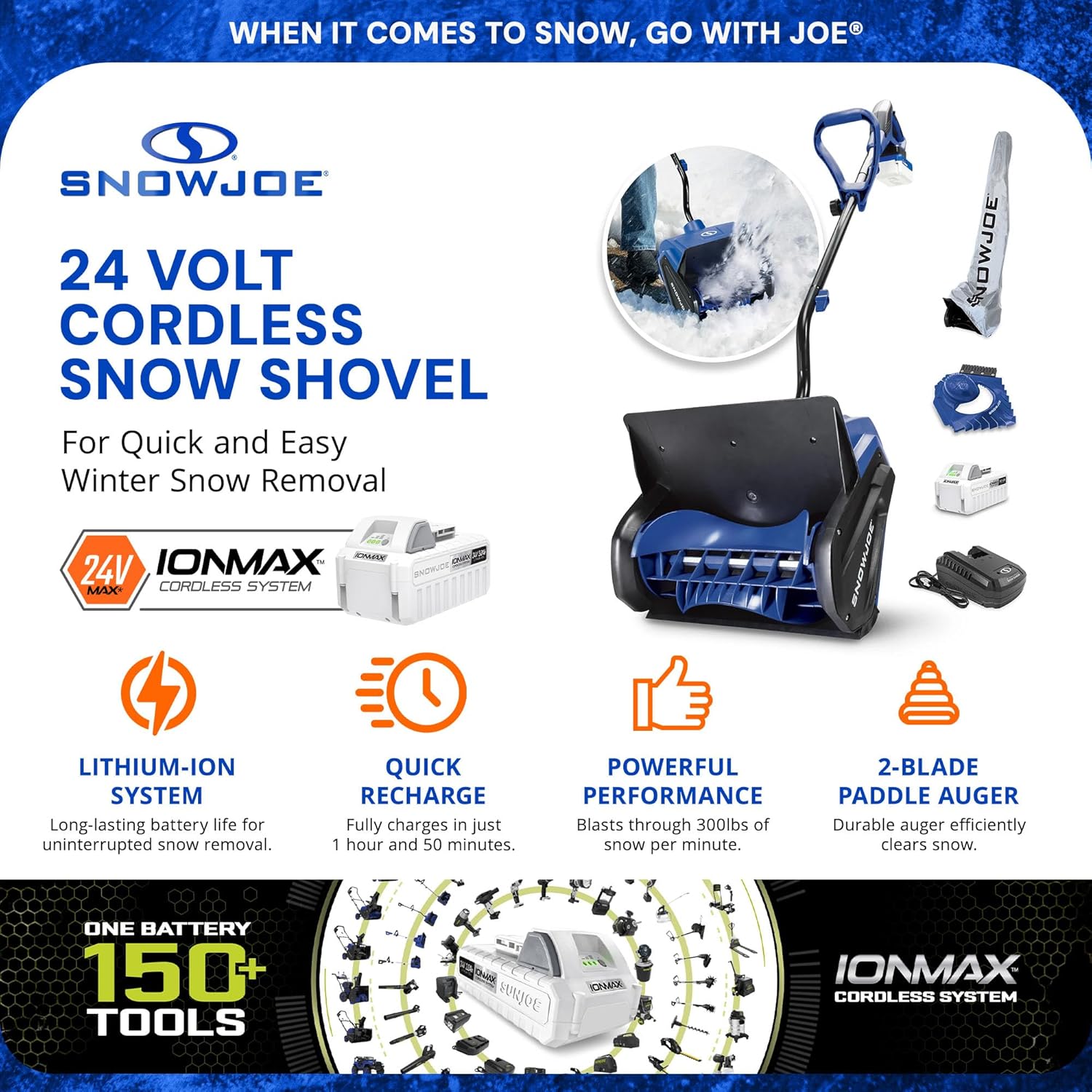 Snow Joe 24V Cordless Electric Snow Shovel – 13" Clearing Path, 400W Motor, Includes Cover & Scraper, Snow & Ice Removal for Driveway & Walkway