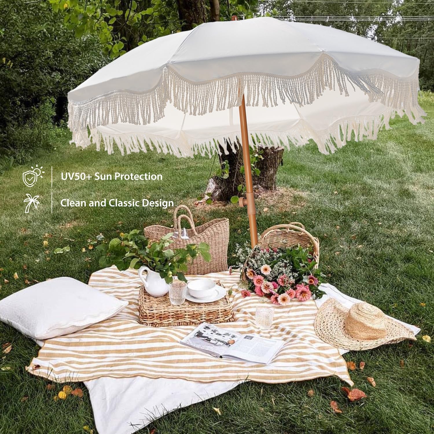 Boho Fringe Umbrella Outdoor Patio, 6.5ft UPF50+ Picnic Umbrella with Tassels with Steel Pole and Push Button Tilt, Antique White