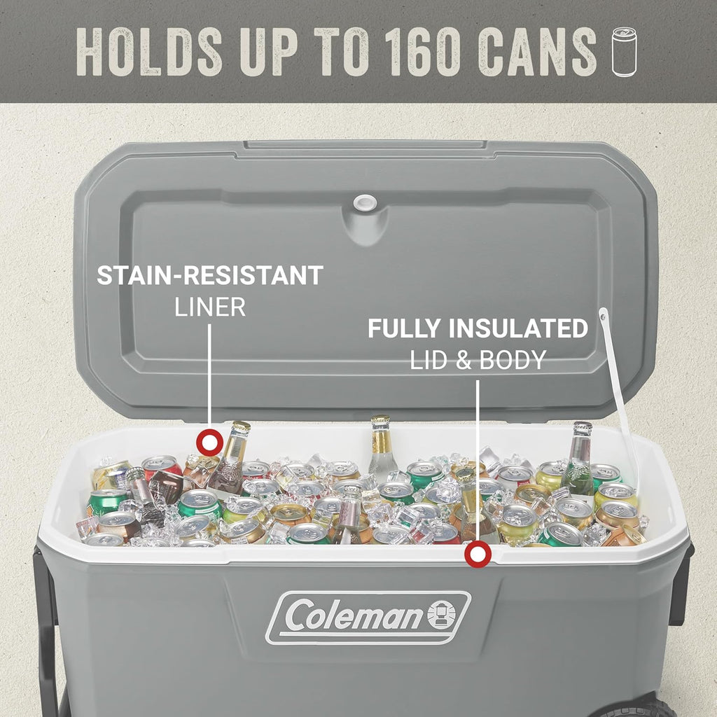 Coleman Classic Series Insulated Portable Rolling Cooler with Wheels, Leak-Resistant Outdoor Hard Cooler Keeps Ice up to 5 Days, 100-Quart