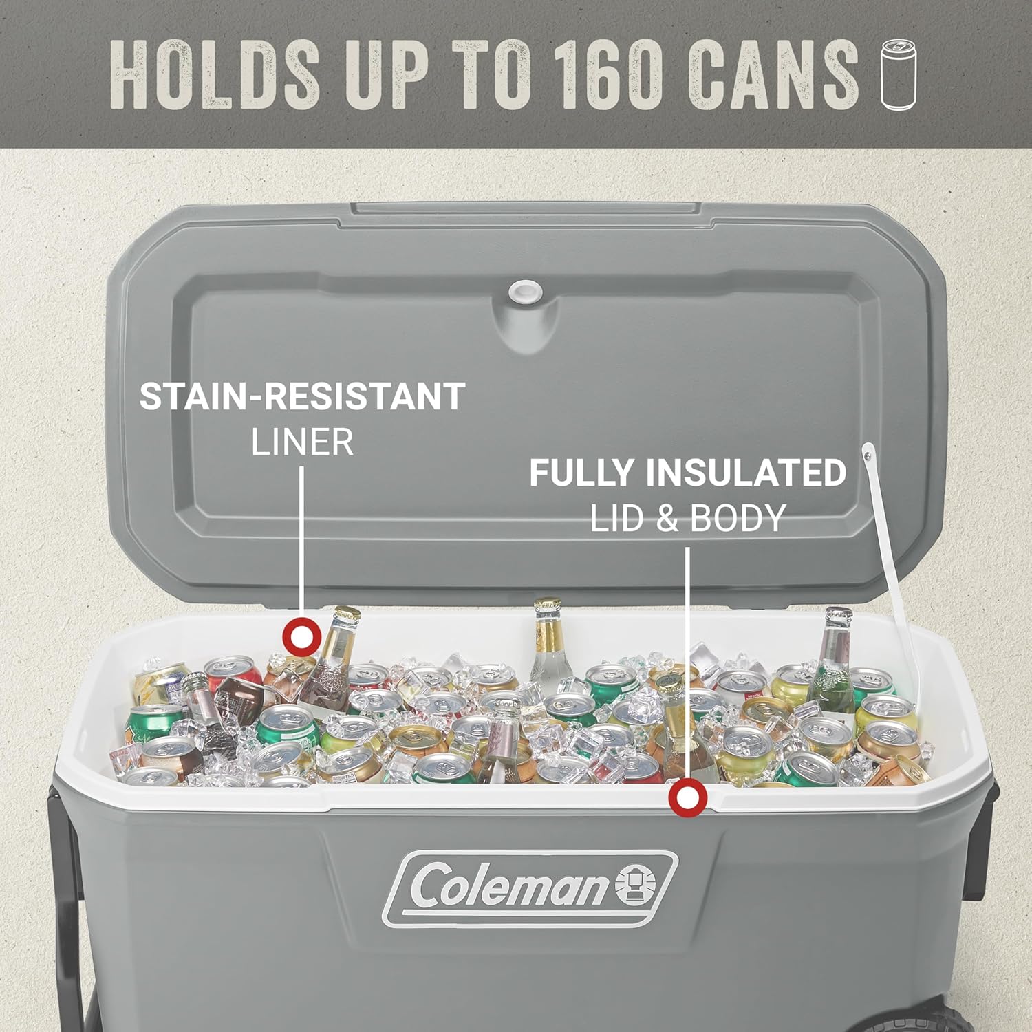 Coleman Classic Series Insulated Portable Rolling Cooler with Wheels, Leak-Resistant Outdoor Hard Cooler Keeps Ice up to 5 Days, 100-Quart