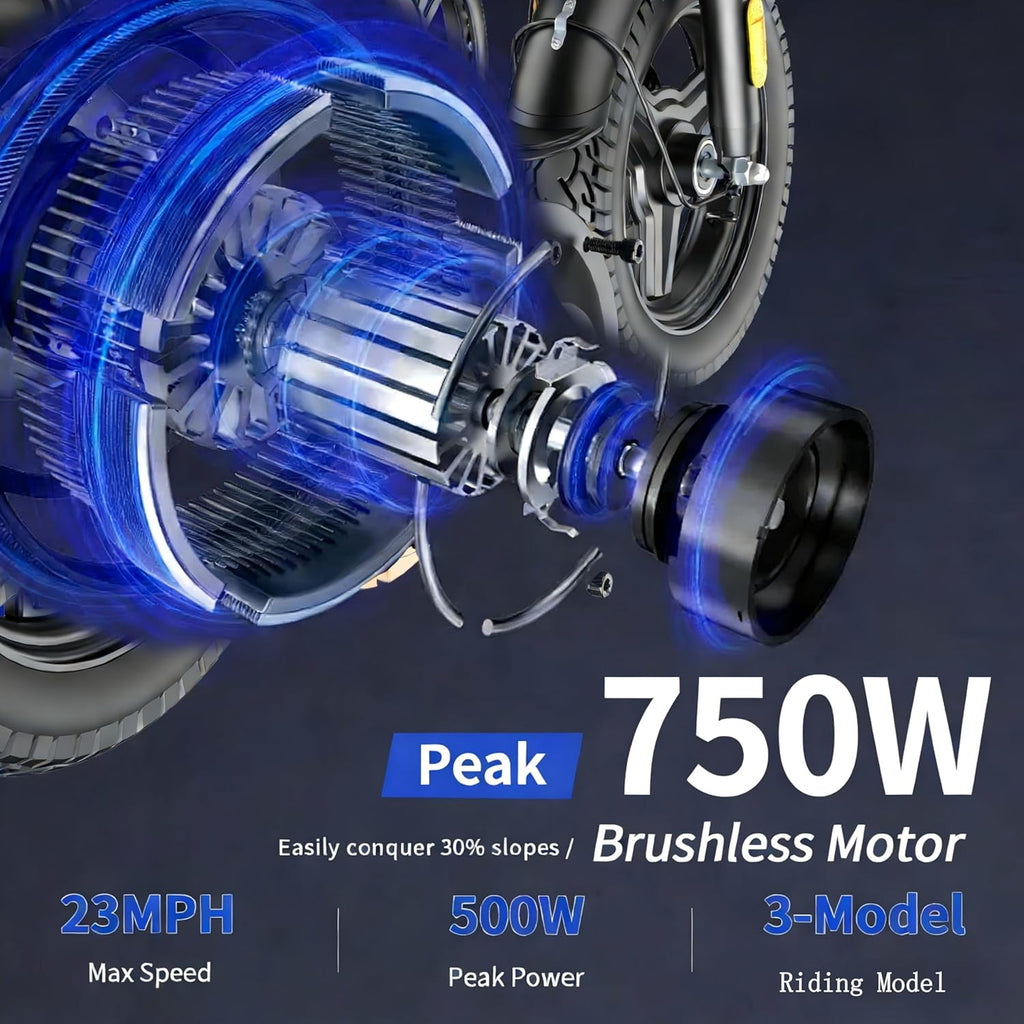 14" Folding Electric Bike for Adults & Teens – 750W Peak Motor, 23MPH, 48V 12Ah Battery, 35-Mile PAS Range, Foldable E-Bike