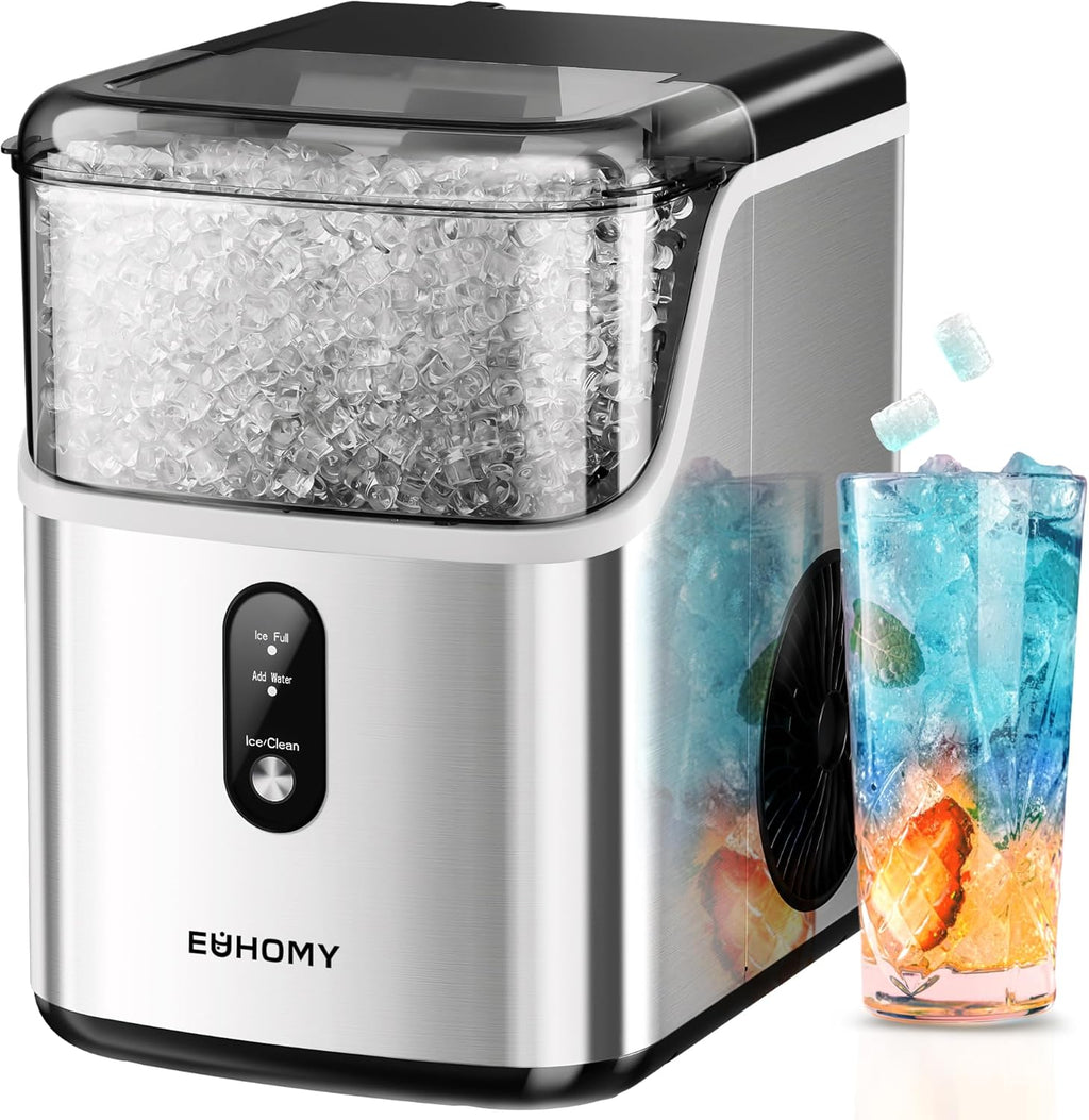 Countertop Nugget Ice Maker – 34 lbs/24H Pebble Ice Machine with Self-Cleaning Function, Scoop & Basket, Stainless Steel