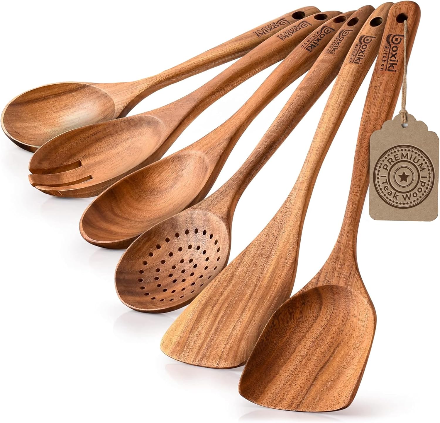 Luxury Teak Wood 6-Piece Utensil Set – Spoons, Server, Scraper & Spatula for Cooking