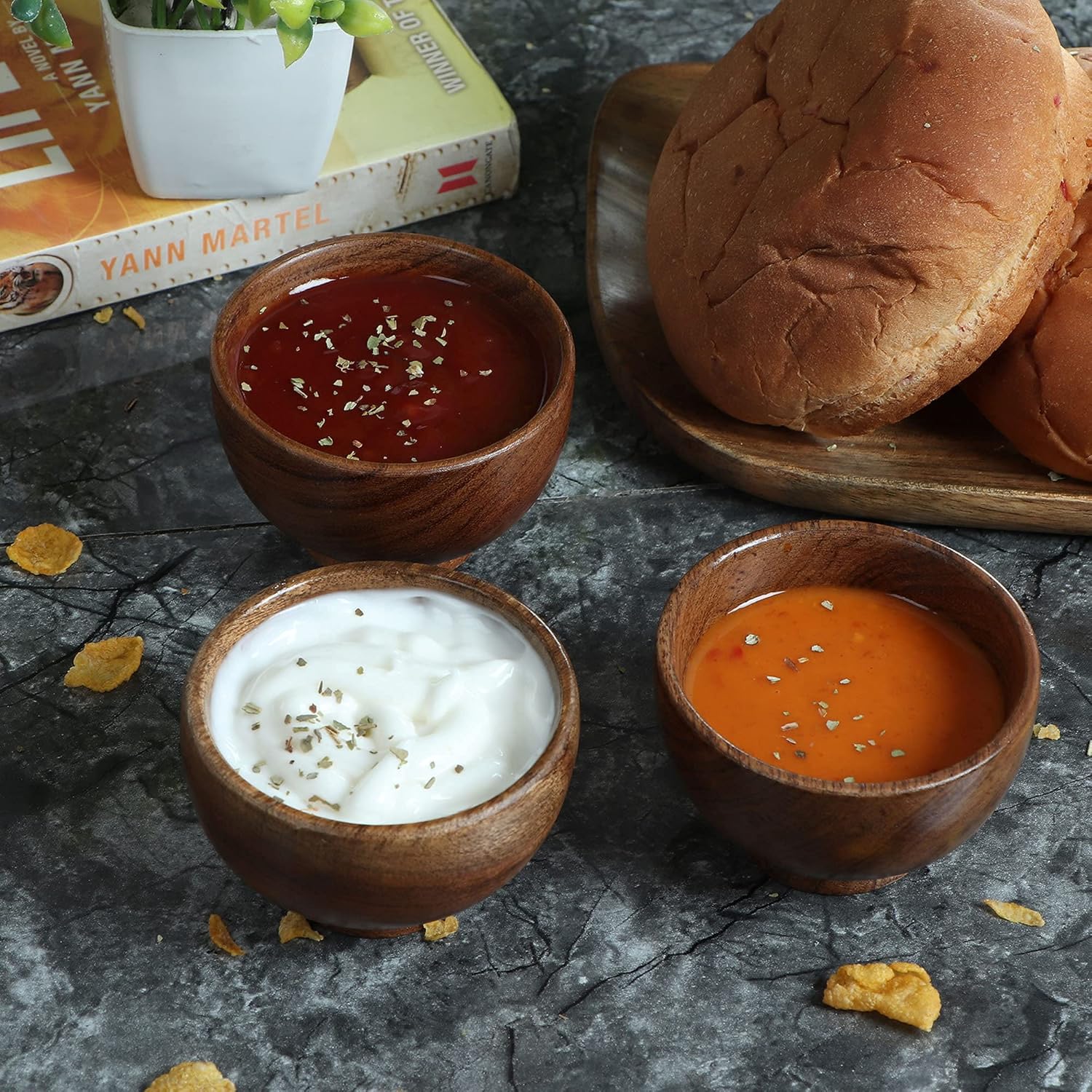 Set of 6 Acacia Wood Small Bowls – 4 fl oz Hand-Carved Dipping Bowls for Sauce, Salsa, Spices & Prep, 3.2 x 2 Inches