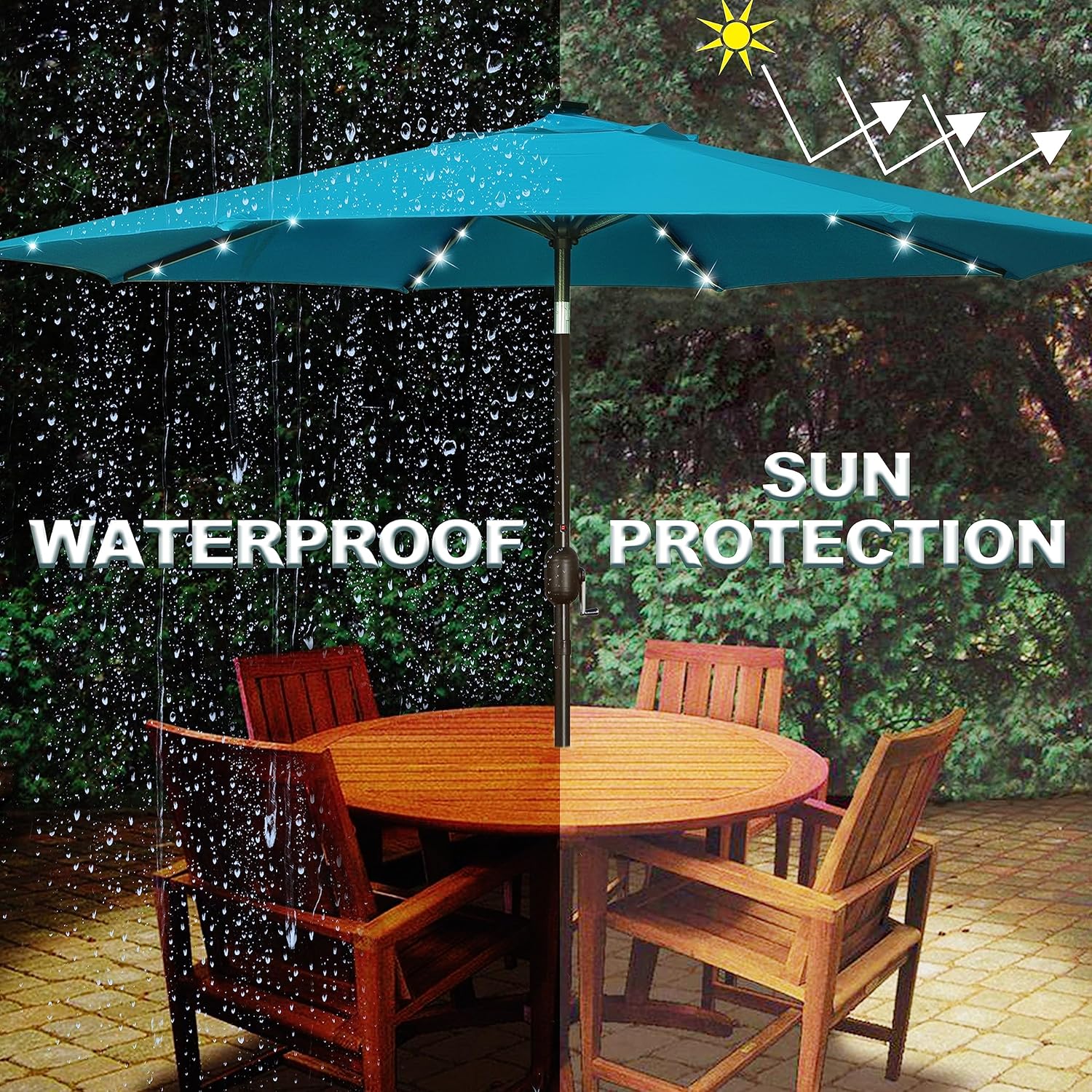 Blissun 9 ft Solar Patio Umbrella – 32 LED Lighted, Tilt & Crank, Outdoor Umbrella for Garden, Deck, Backyard, Pool & Beach, Cerulean