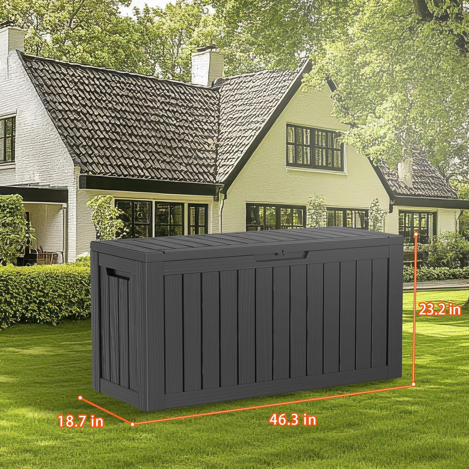 90 Gallon Resin Deck Box, Lockable Patio Outdoor Storage Box for Furniture, Garden Tools and Tools Storage, Waterproof Outside Storage Box - Black