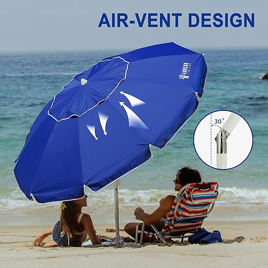 AMMSUN 8 Feet Large Beach Umbrella with Sand Anchor Heavy Duty High Wind Portable Outdoor Umbrellas UV 50+ Protection Air Vent Tilt Patio Garden Pool