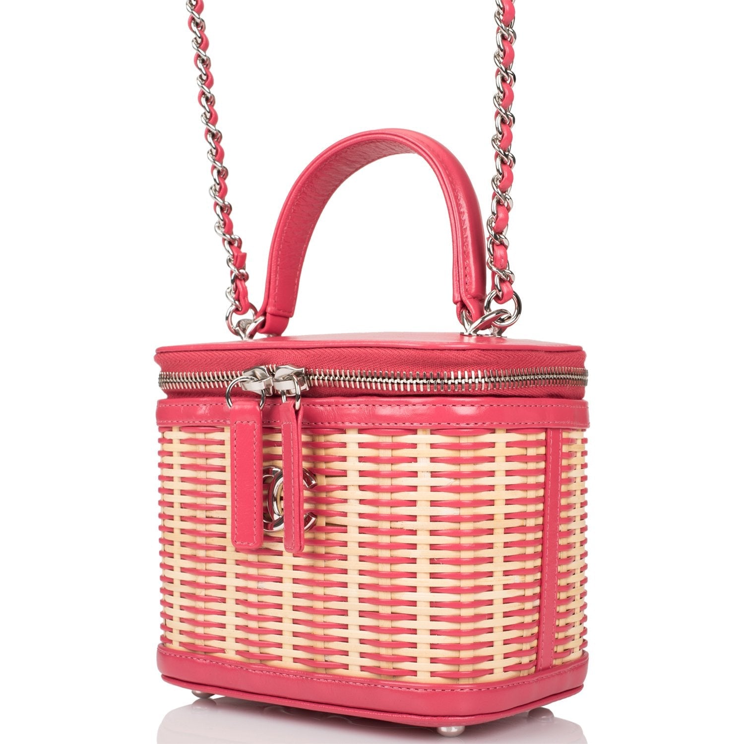 Chanel Pink Small Rattan Vanity Case Silver Hardware
