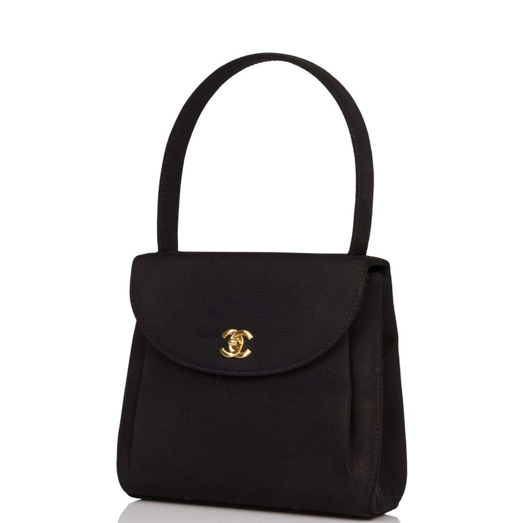 Vintage Chanel Mini Kelly Bag Black Satin Gold Hardware