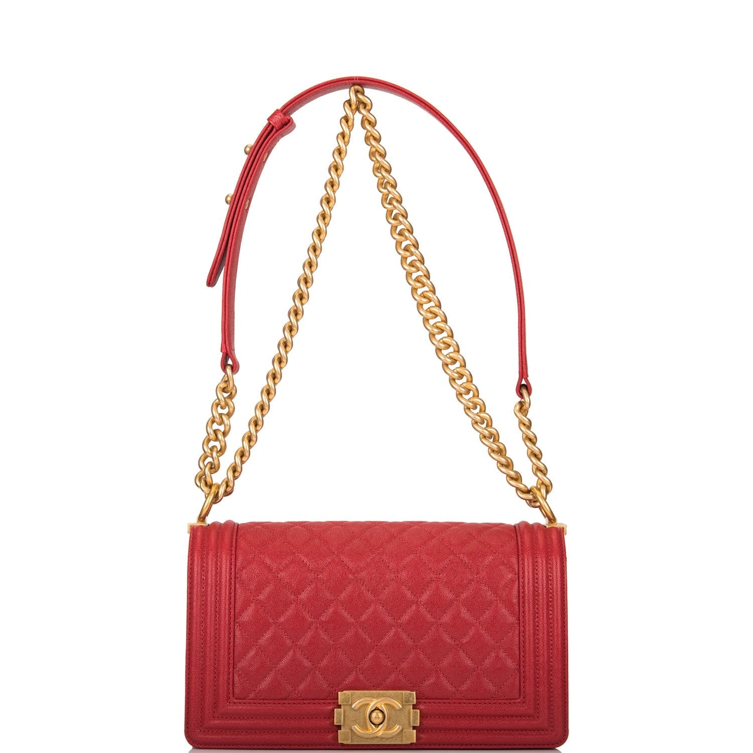 Chanel Red Quilted Caviar Medium Boy Bag Antique Gold Hardware