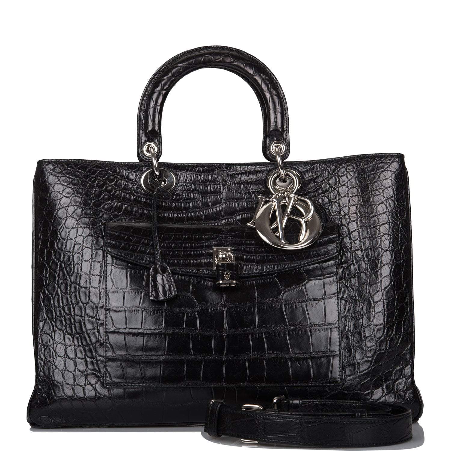 Christian Dior Black Diorissimo Pocket Matte Alligator Tote Silver Hardware