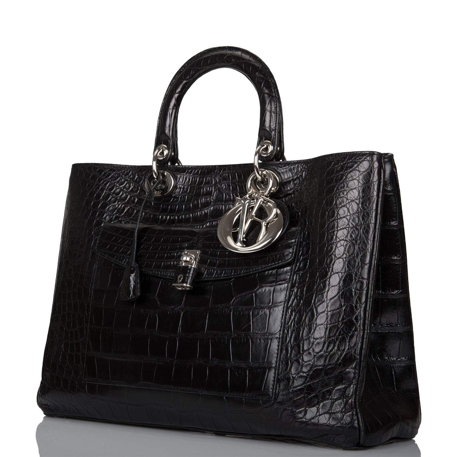 Christian Dior Black Diorissimo Pocket Matte Alligator Tote Silver Hardware
